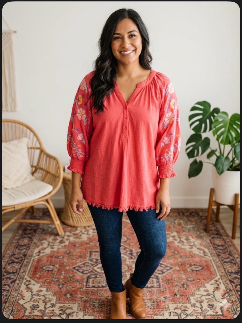 Umgee Coral Embroidered Balloon-Sleeve Tunic